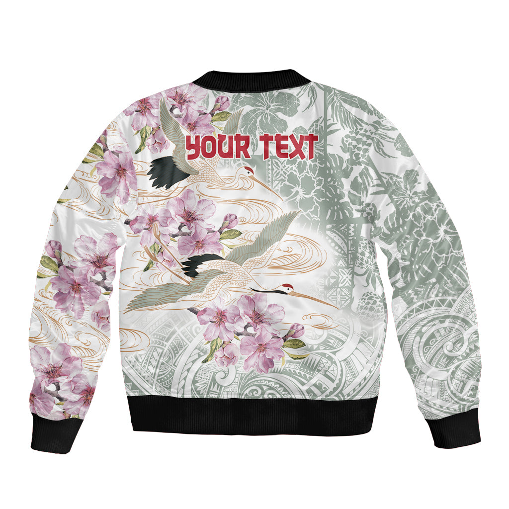 Personalized Japanese Shirasagi Bird Bomber Jacket Sakura and Hibiscus Polynesian Pattern LT9 - Polynesian Pride