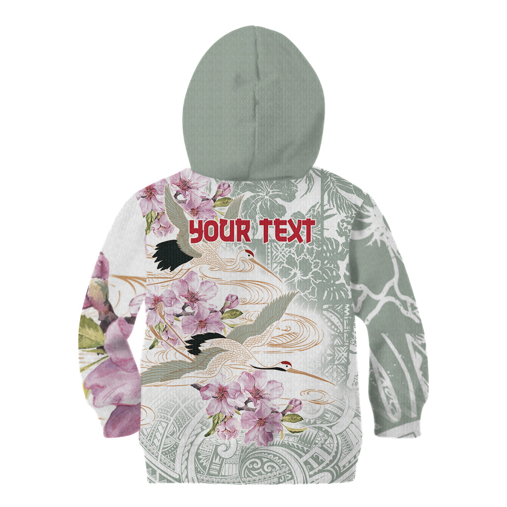 Personalized Japanese Shirasagi Bird Kid Hoodie Sakura and Hibiscus Polynesian Pattern LT9 - Polynesian Pride