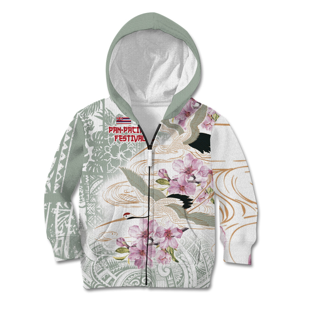 Personalized Japanese Shirasagi Bird Kid Hoodie Sakura and Hibiscus Polynesian Pattern LT9 Zip Hoodie White - Polynesian Pride