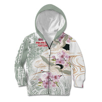 Personalized Japanese Shirasagi Bird Kid Hoodie Sakura and Hibiscus Polynesian Pattern LT9 Zip Hoodie White - Polynesian Pride
