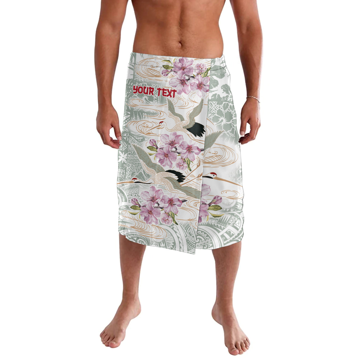 Personalized Japanese Shirasagi Bird Lavalava Sakura and Hibiscus Polynesian Pattern