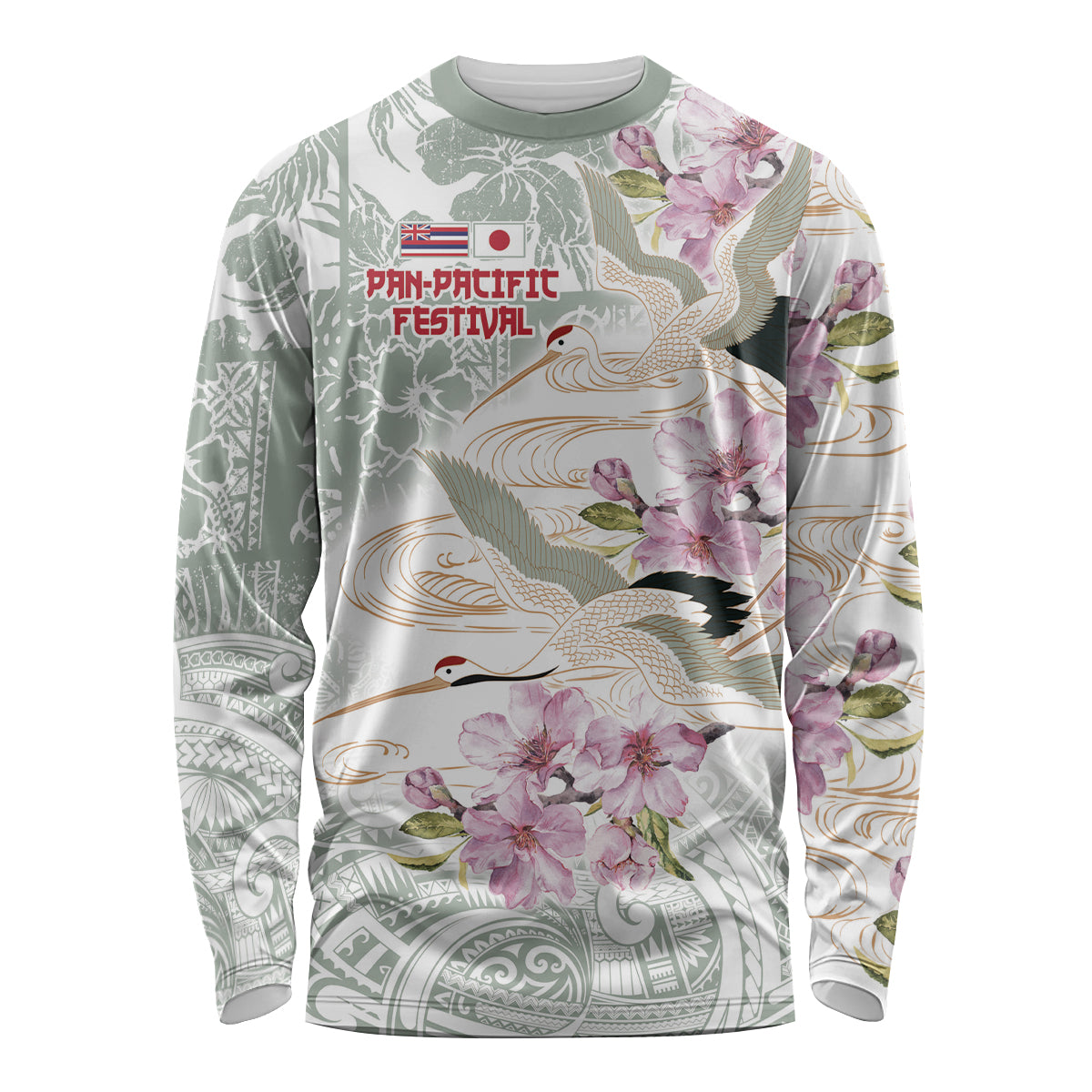 Personalized Japanese Shirasagi Bird Long Sleeve Shirt Sakura and Hibiscus Polynesian Pattern LT9 Unisex White - Polynesian Pride