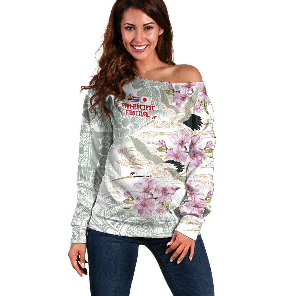 Personalized Japanese Shirasagi Bird Off Shoulder Sweater Sakura and Hibiscus Polynesian Pattern LT9 Women White - Polynesian Pride