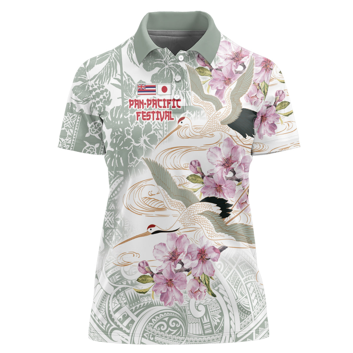 Personalized Japanese Shirasagi Bird Women Polo Shirt Sakura and Hibiscus Polynesian Pattern LT9 Female White - Polynesian Pride