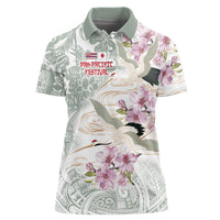 Personalized Japanese Shirasagi Bird Women Polo Shirt Sakura and Hibiscus Polynesian Pattern LT9 Female White - Polynesian Pride