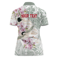 Personalized Japanese Shirasagi Bird Women Polo Shirt Sakura and Hibiscus Polynesian Pattern LT9 - Polynesian Pride