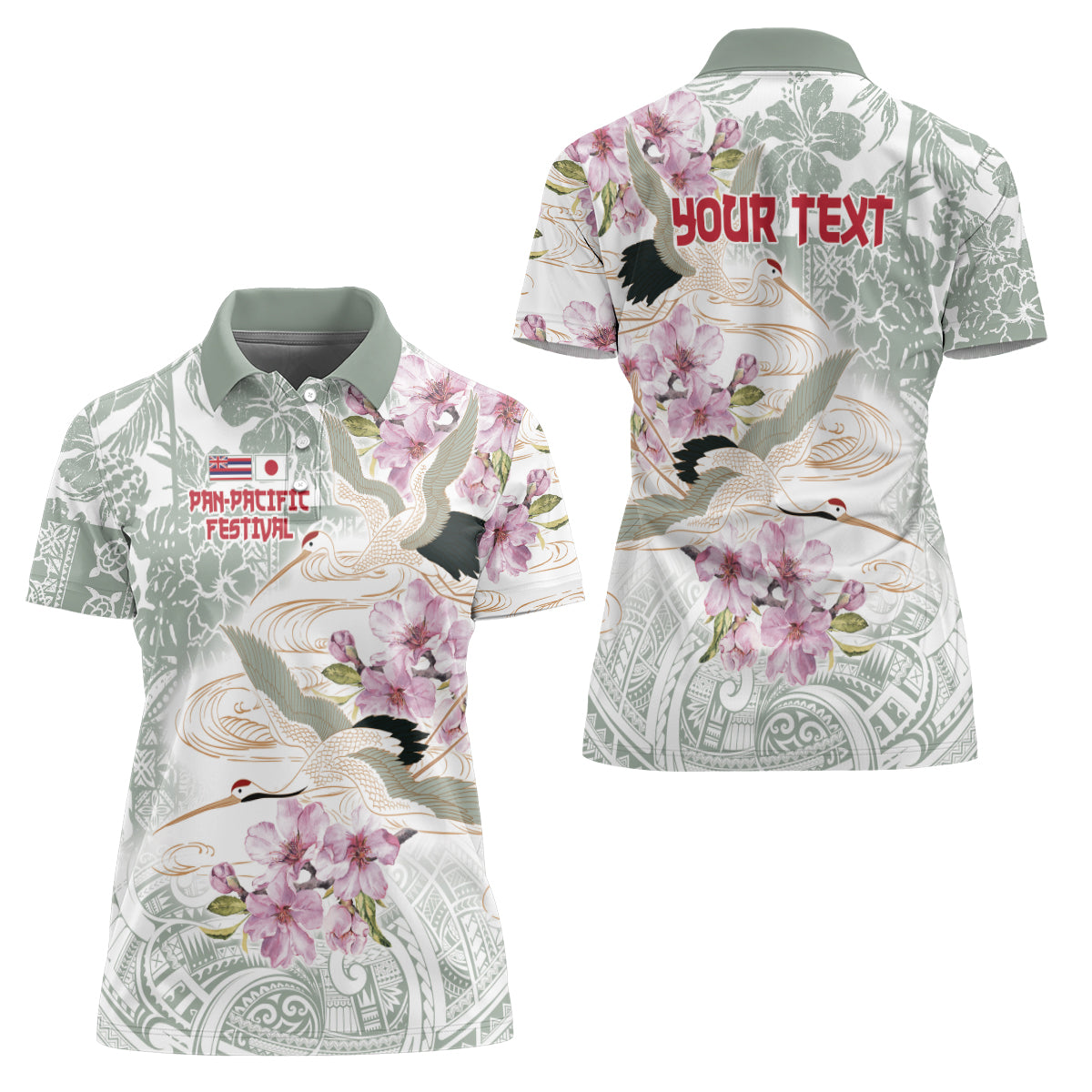 Personalized Japanese Shirasagi Bird Women Polo Shirt Sakura and Hibiscus Polynesian Pattern LT9 - Polynesian Pride