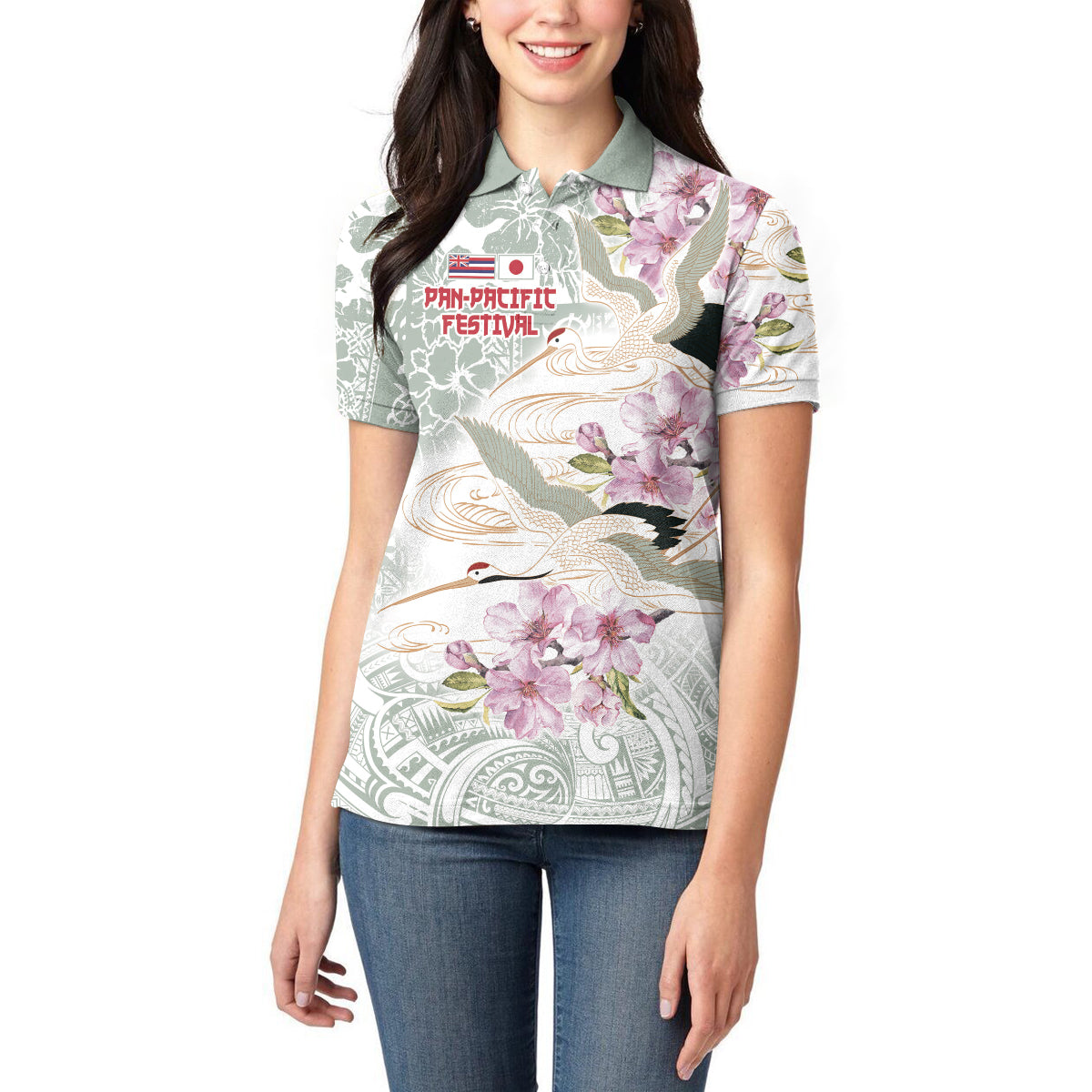 Personalized Japanese Shirasagi Bird Women Polo Shirt Sakura and Hibiscus Polynesian Pattern LT9 - Polynesian Pride