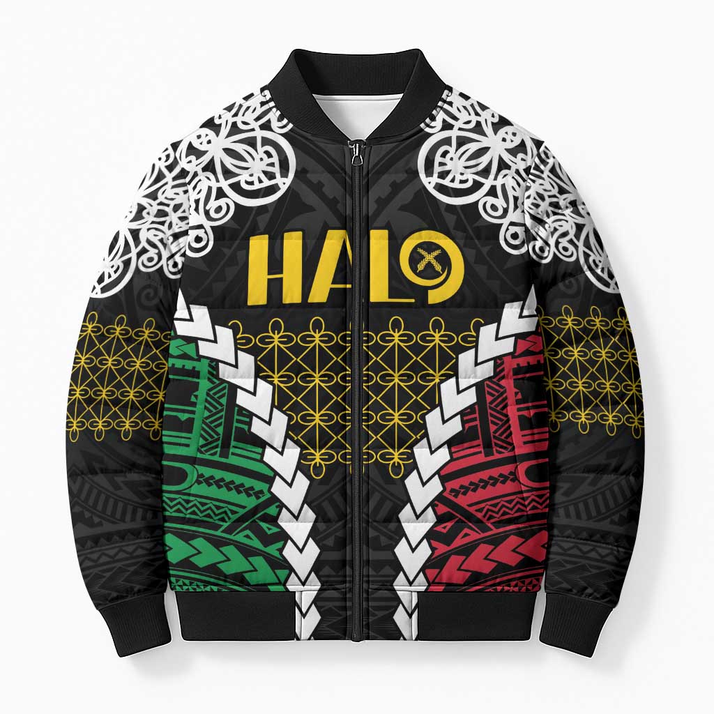 Halo Vanuatu Pride Bomber Puffer Jacket Vanuatuan Sand Drawing Pattern LT9 Unisex Black - Polynesian Pride
