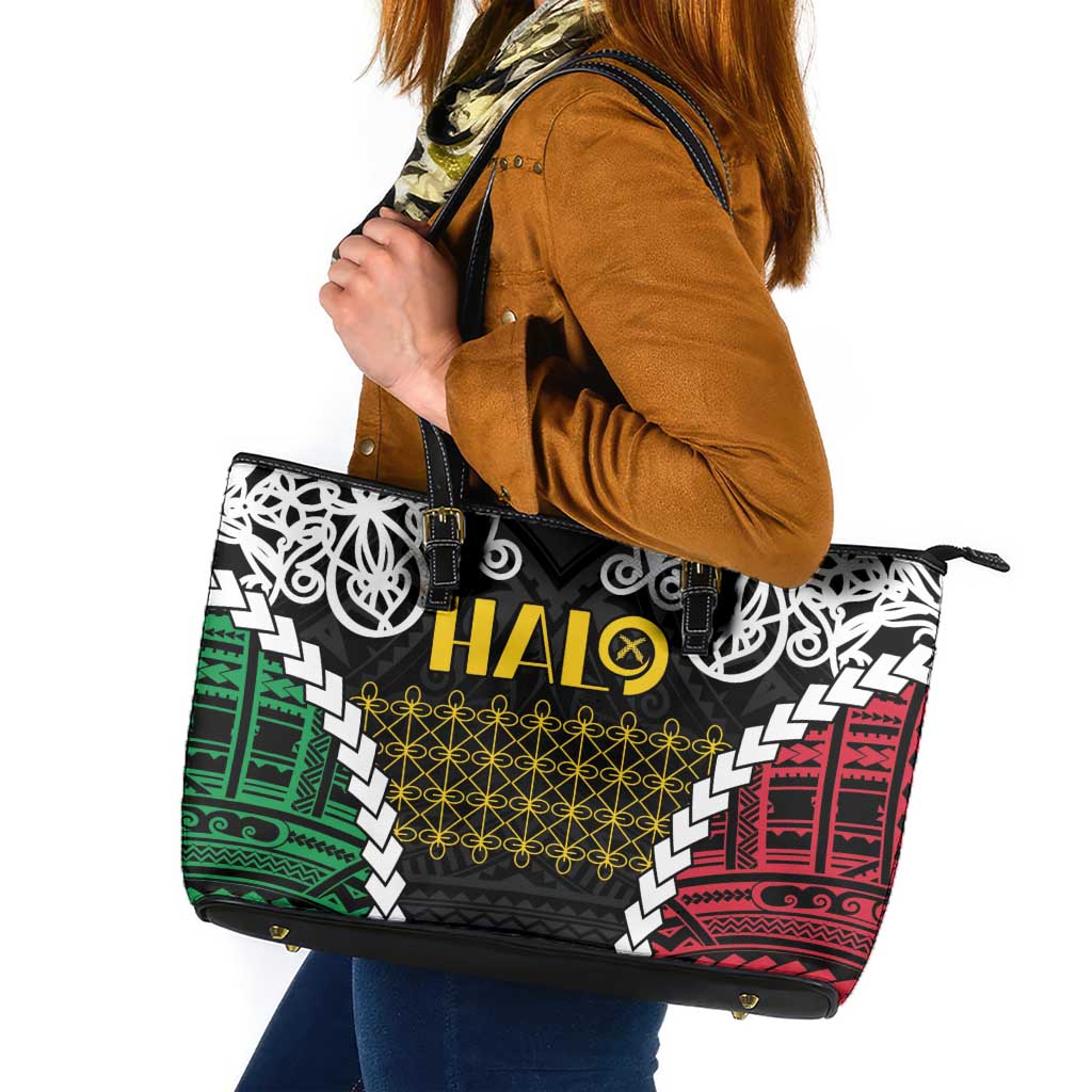 Halo Vanuatu Pride Leather Tote Bag Vanuatuan Sand Drawing Pattern LT9 Black - Polynesian Pride