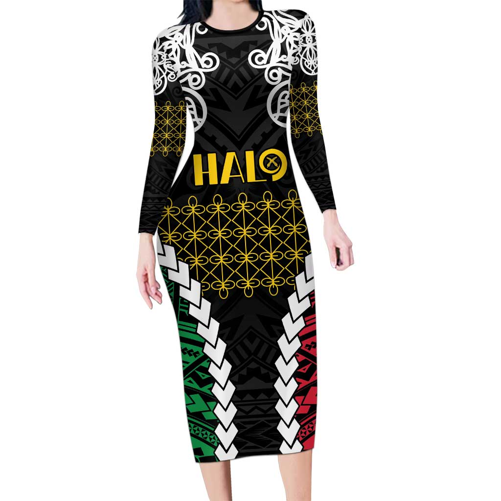 Halo Vanuatu Pride Long Sleeve Bodycon Dress Vanuatuan Sand Drawing Pattern LT9 Long Dress Black - Polynesian Pride