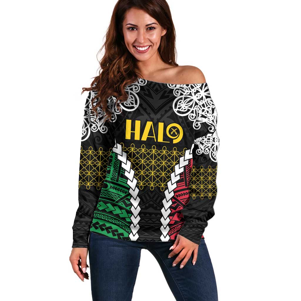 Halo Vanuatu Pride Off Shoulder Sweater Vanuatuan Sand Drawing Pattern LT9 Women Black - Polynesian Pride