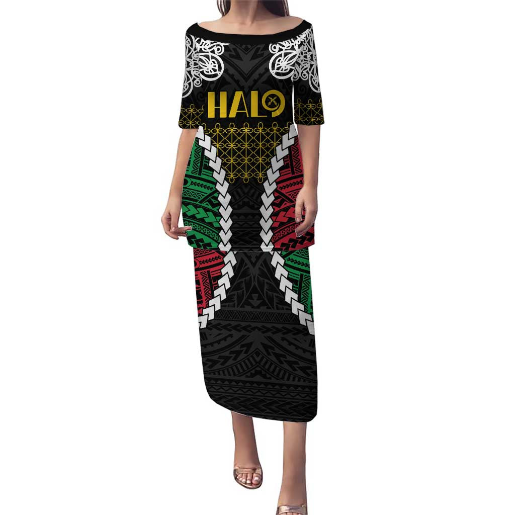 Halo Vanuatu Pride Puletasi Vanuatuan Sand Drawing Pattern LT9 Long Dress Black - Polynesian Pride