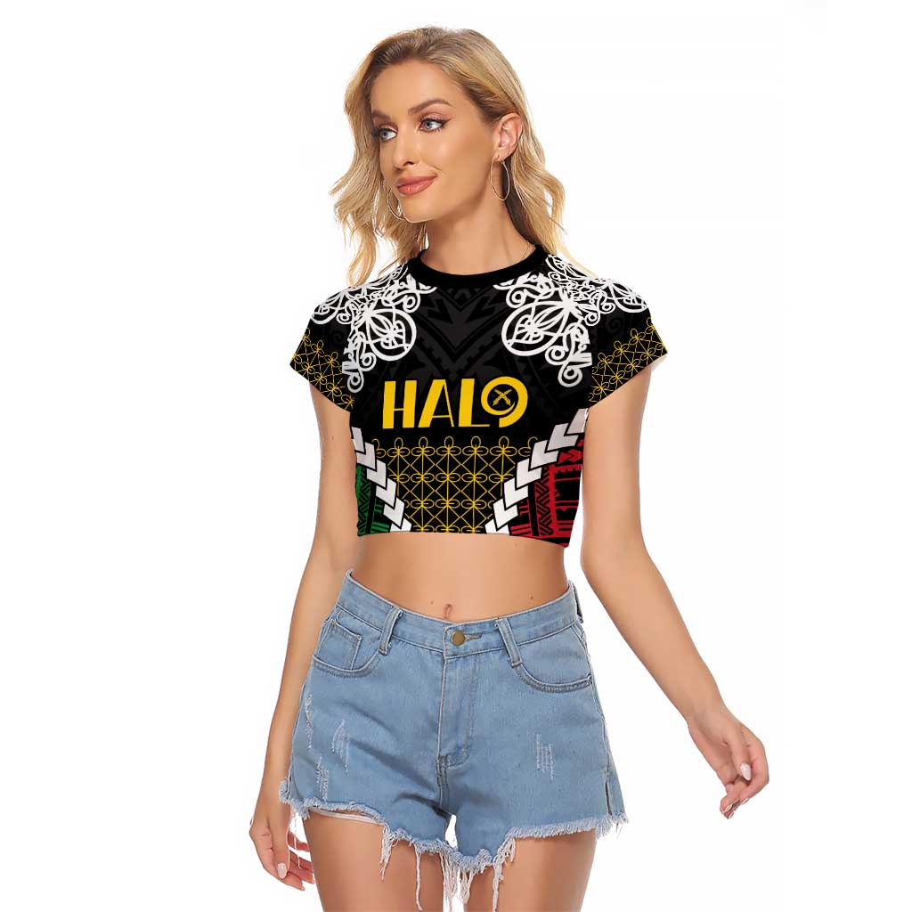 Halo Vanuatu Pride Raglan Cropped T Shirt Vanuatuan Sand Drawing Pattern LT9 Female Black - Polynesian Pride