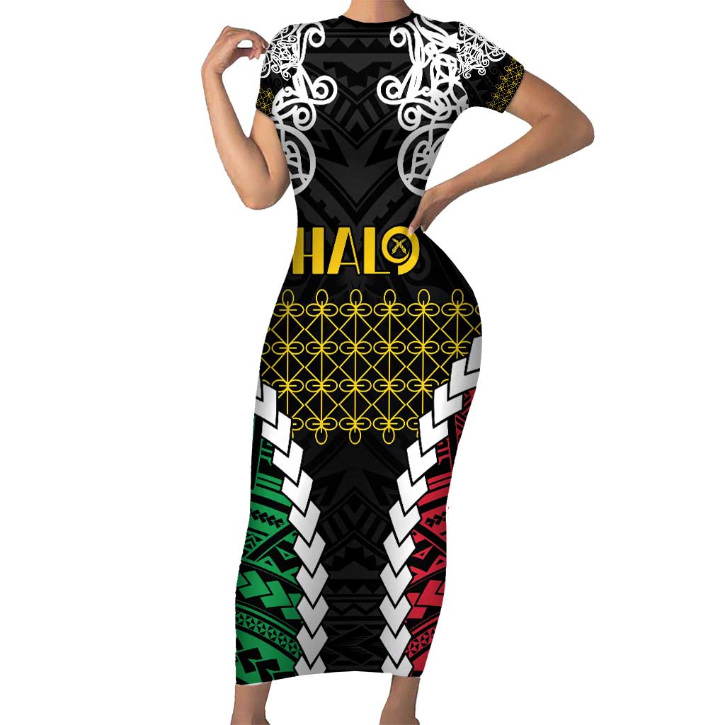 Halo Vanuatu Pride Short Sleeve Bodycon Dress Vanuatuan Sand Drawing Pattern LT9 Long Dress Black - Polynesian Pride