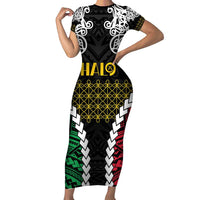 Halo Vanuatu Pride Short Sleeve Bodycon Dress Vanuatuan Sand Drawing Pattern LT9 Long Dress Black - Polynesian Pride