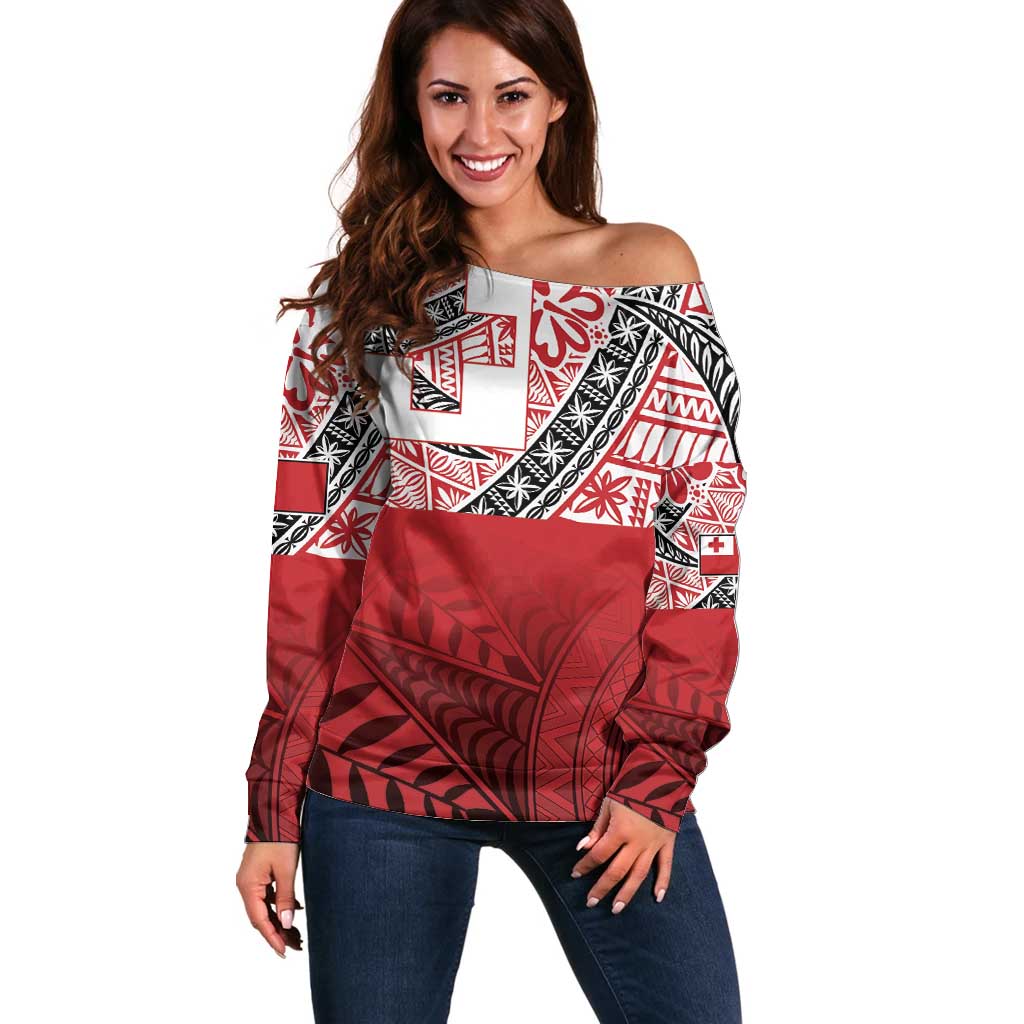 Malo e lelei Tonga Off Shoulder Sweater Ngatu Tokelau Feletoa Fata Traditional Polynesian Pattern LT9 Women Red - Polynesian Pride