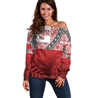 Malo e lelei Tonga Off Shoulder Sweater Ngatu Tokelau Feletoa Fata Traditional Polynesian Pattern LT9 Women Red - Polynesian Pride