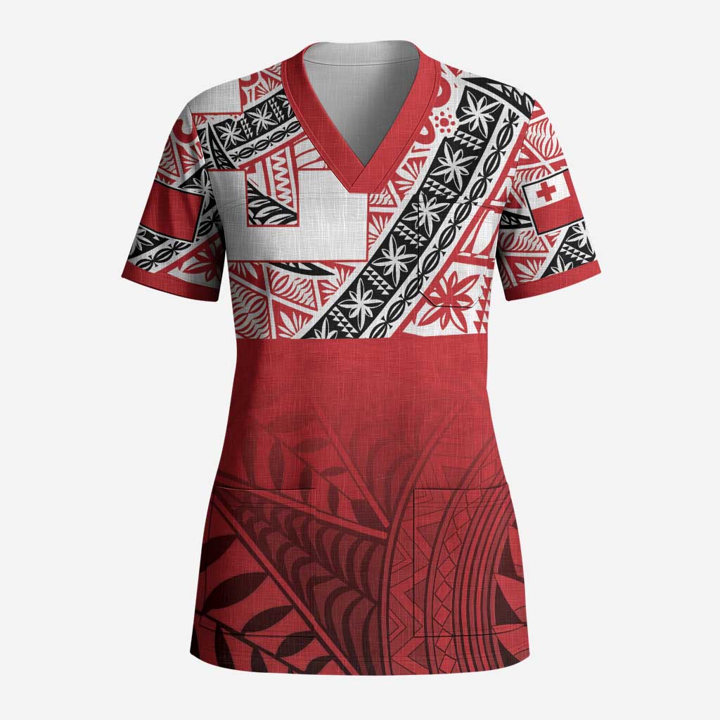 Malo e lelei Tonga Scrub Top Ngatu Tokelau Feletoa Fata Traditional Polynesian Pattern LT9 Adult Red - Polynesian Pride
