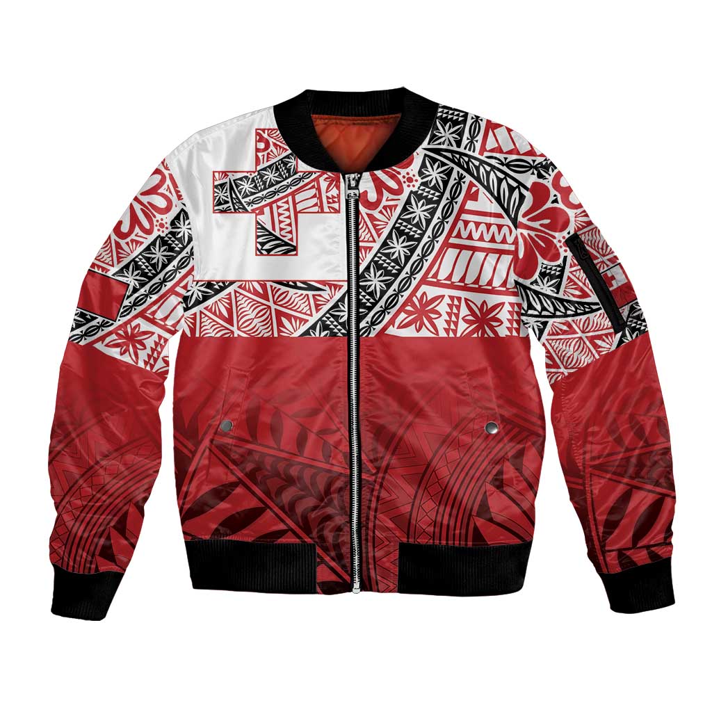 Malo e lelei Tonga Sleeve Zip Bomber Jacket Ngatu Tokelau Feletoa Fata Traditional Polynesian Pattern LT9 Unisex Red - Polynesian Pride