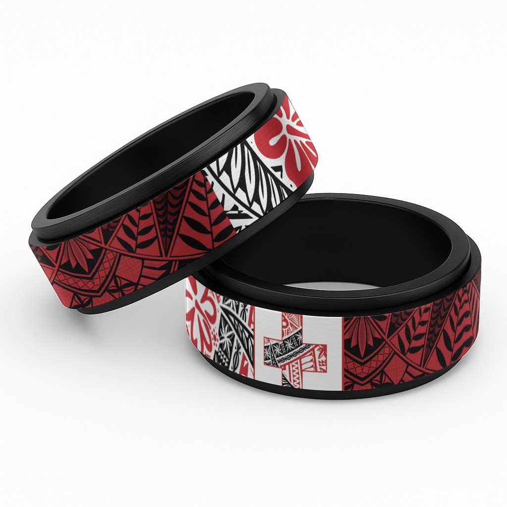 Malo e lelei Tonga Spinner Ring Ngatu Tokelau Feletoa Fata Traditional Polynesian Pattern LT9 Black Red - Polynesian Pride