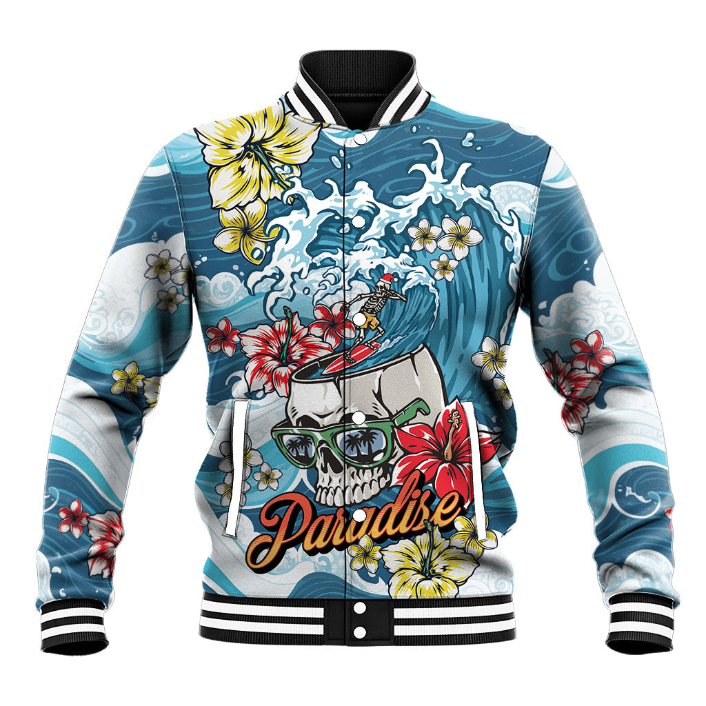 Hawaii Santa Skeleton Surfing Personalized Baseball Jacket Mele Kalikimaka i Iulai! LT9 Unisex Blue - Polynesian Pride