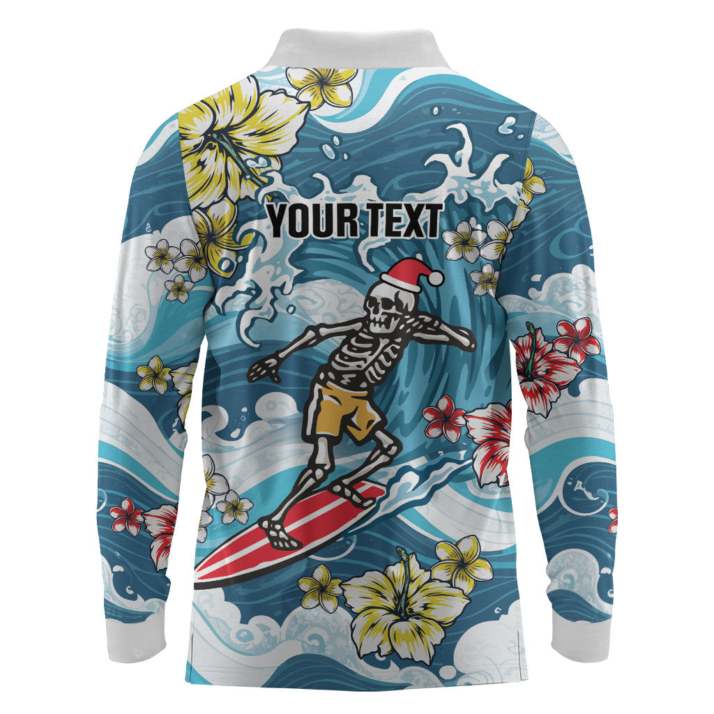 Hawaii Santa Skeleton Surfing Personalized Long Sleeve Polo Shirt Mele Kalikimaka i Iulai! LT9 - Polynesian Pride