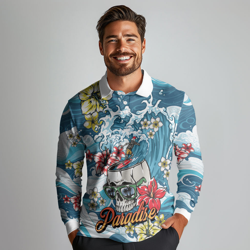 Hawaii Santa Skeleton Surfing Personalized Long Sleeve Polo Shirt Mele Kalikimaka i Iulai! LT9 - Polynesian Pride