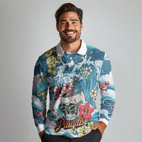 Hawaii Santa Skeleton Surfing Personalized Long Sleeve Polo Shirt Mele Kalikimaka i Iulai! LT9 - Polynesian Pride