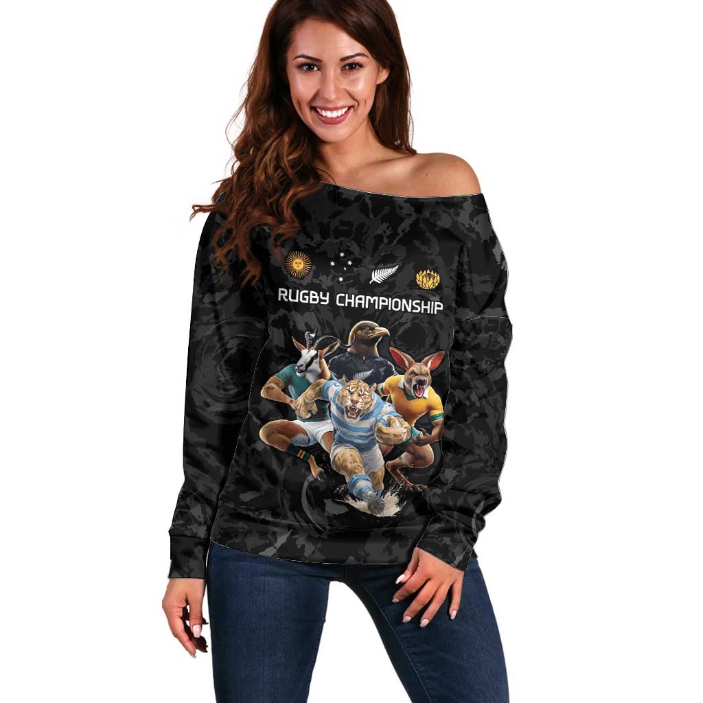 Custom Rugby Southern Hemisphere Off Shoulder Sweater Argentina AUNZ South Africa Mascot Black LT9 Women Black - Polynesian Pride
