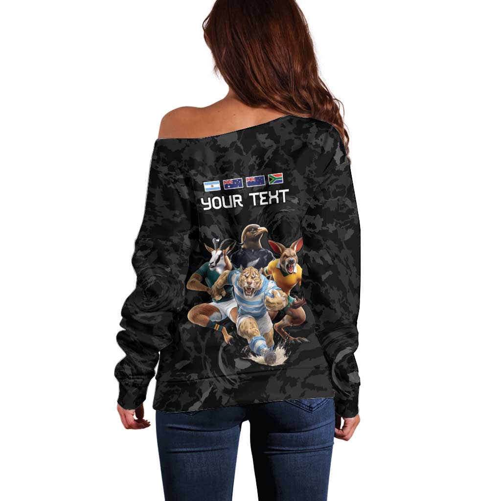 Custom Rugby Southern Hemisphere Off Shoulder Sweater Argentina AUNZ South Africa Mascot Black LT9 - Polynesian Pride