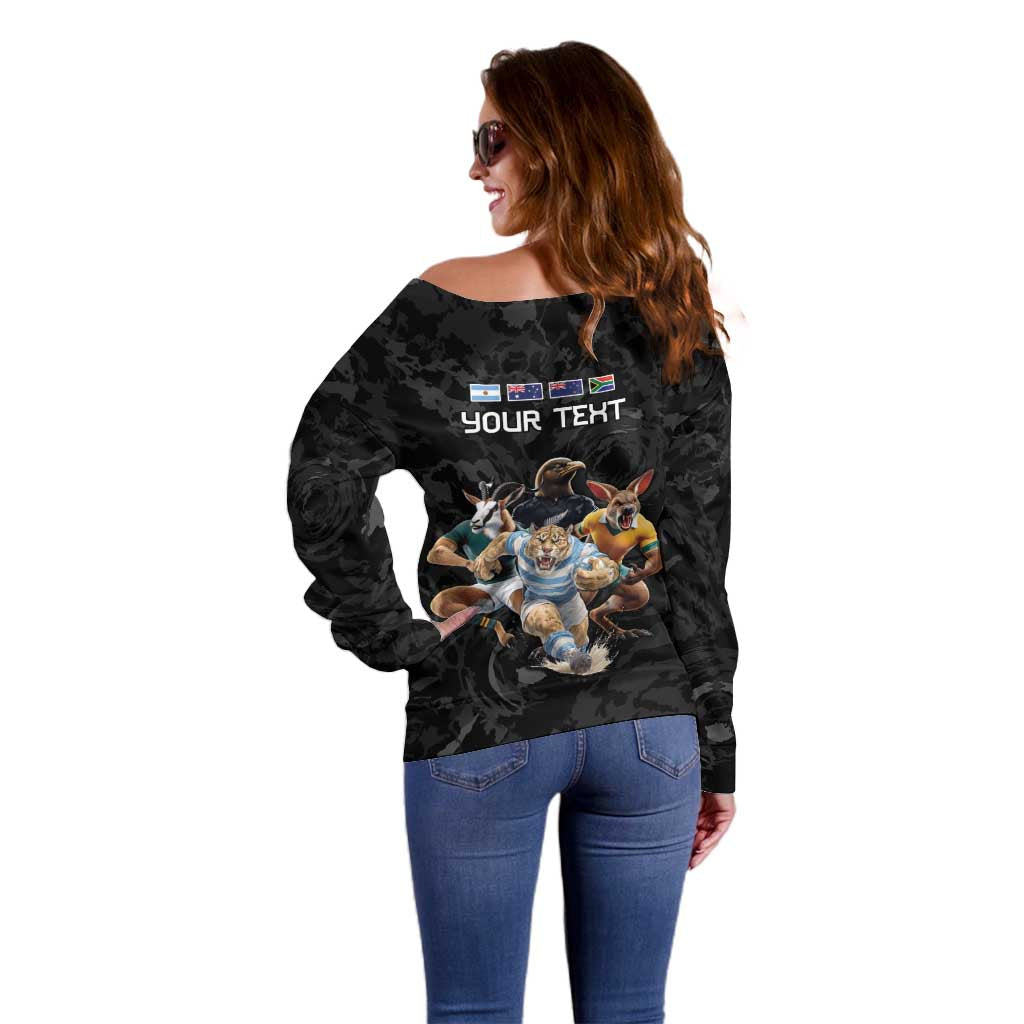 Custom Rugby Southern Hemisphere Off Shoulder Sweater Argentina AUNZ South Africa Mascot Black LT9 - Polynesian Pride
