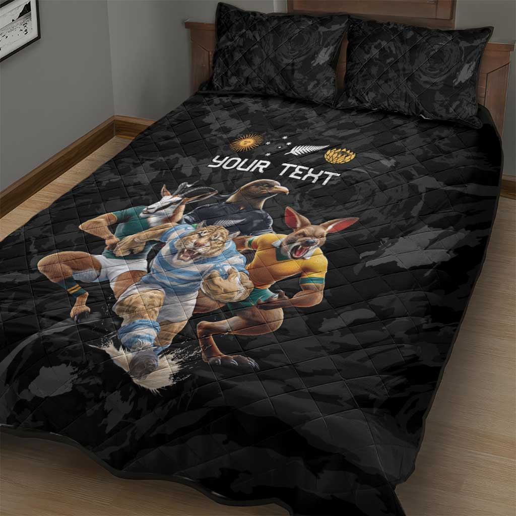 Custom Rugby Southern Hemisphere Quilt Bed Set Argentina AUNZ South Africa Mascot Black LT9 - Polynesian Pride