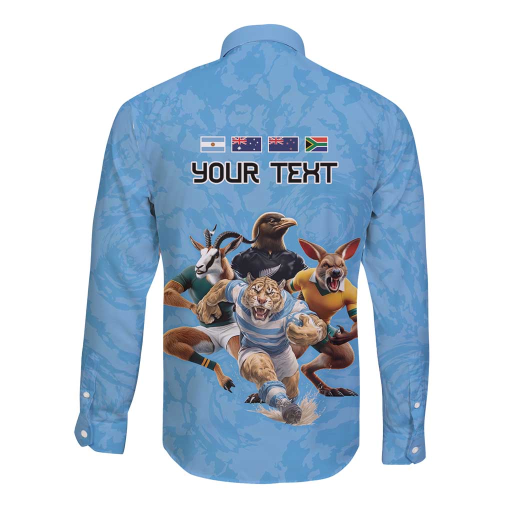 Custom Rugby Southern Hemisphere Long Sleeve Button Shirt Argentina AUNZ South Africa Mascot Blue LT9 - Polynesian Pride