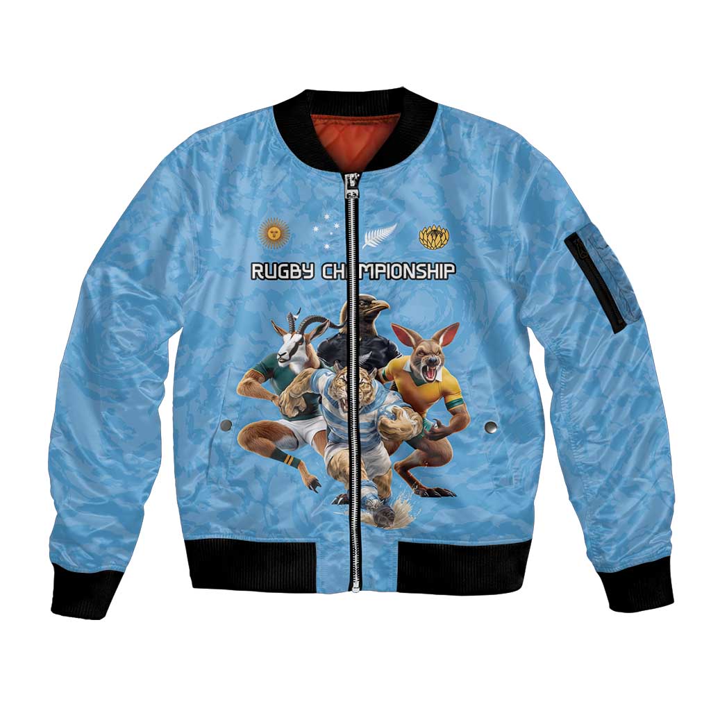 Custom Rugby Southern Hemisphere Sleeve Zip Bomber Jacket Argentina AUNZ South Africa Mascot Blue LT9 Unisex Blue - Polynesian Pride
