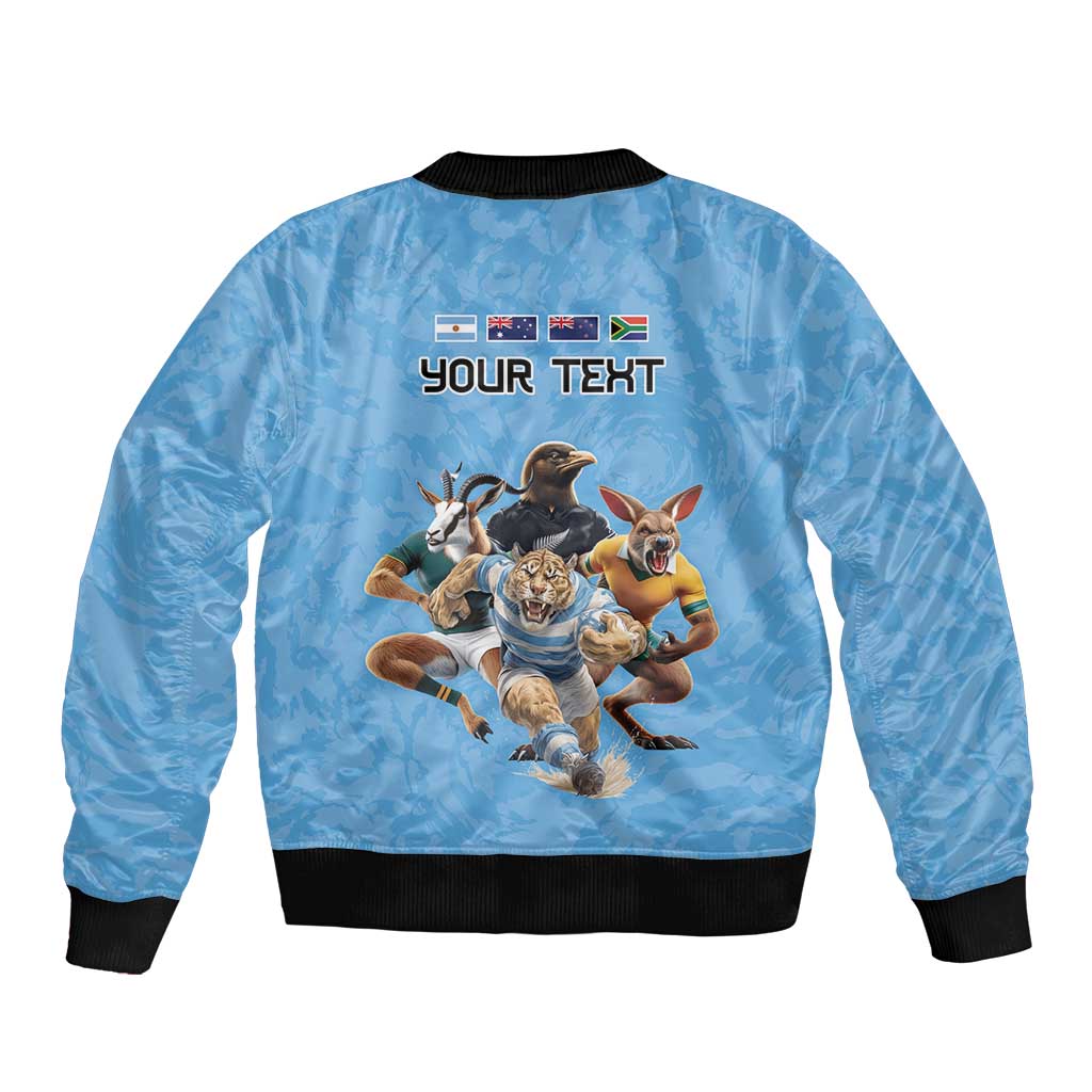 Custom Rugby Southern Hemisphere Sleeve Zip Bomber Jacket Argentina AUNZ South Africa Mascot Blue LT9 - Polynesian Pride