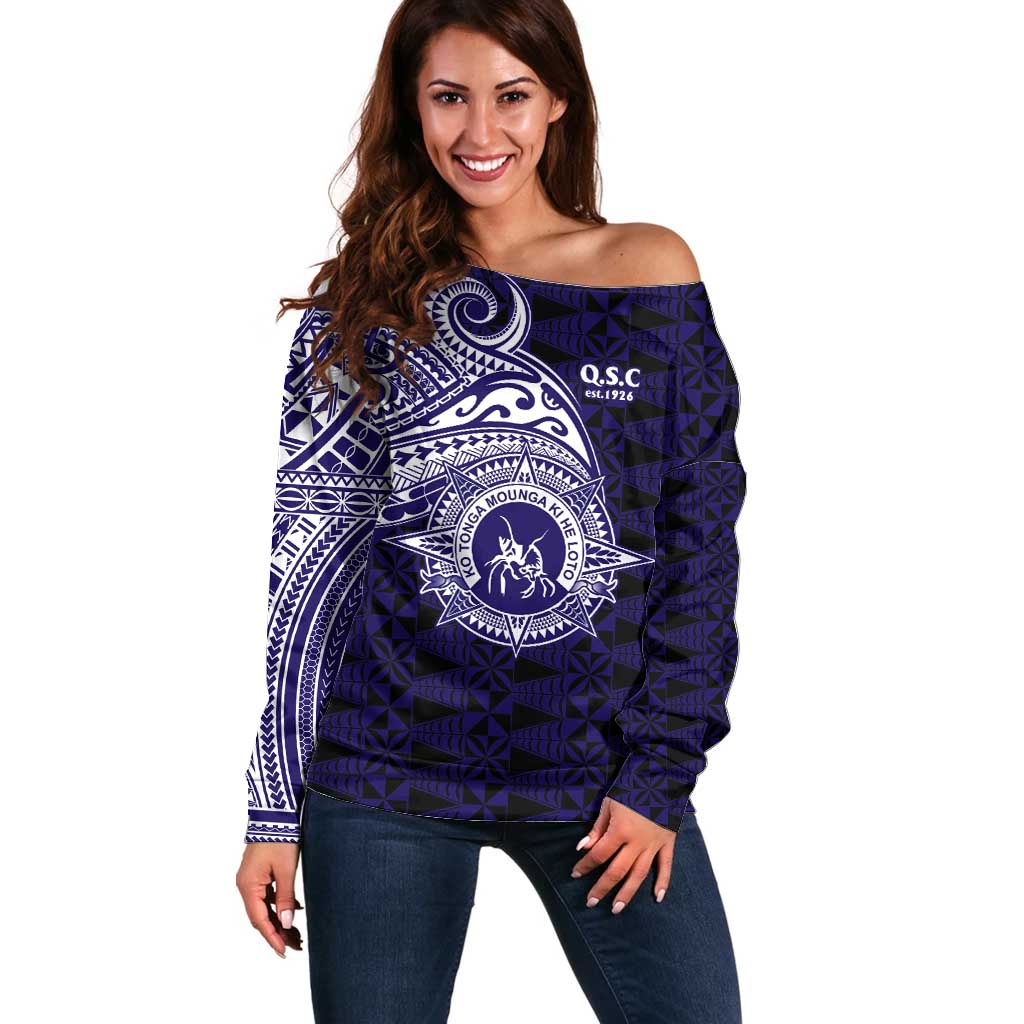 Tonga Queen Salote College 100th Years Off Shoulder Sweater Est 1926 Tongan Ngatu Tapa LT9 Women Blue - Polynesian Pride