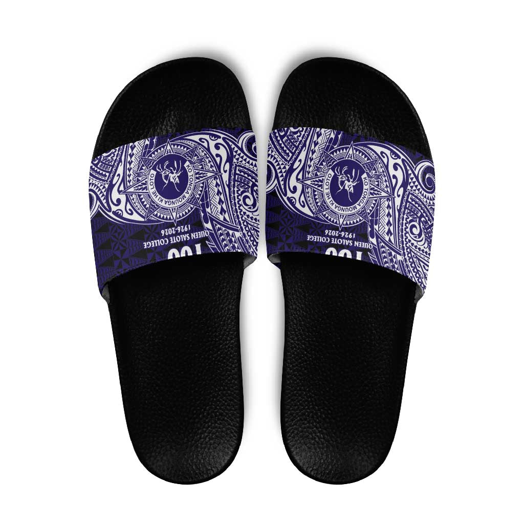Tonga Queen Salote College 100th Years Slide Sandals Est 1926 Tongan Ngatu Tapa LT9 Blue - Polynesian Pride
