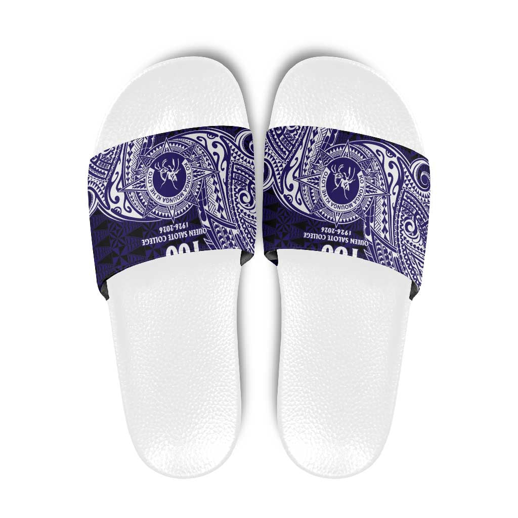 Tonga Queen Salote College 100th Years Slide Sandals Est 1926 Tongan Ngatu Tapa LT9 Blue - Polynesian Pride
