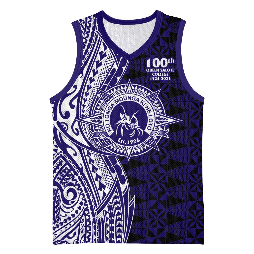 Tonga Queen Salote College 100th Years Basketball Jersey Blue Tonga Kupesi Uniquely Pacific Art LT9 Unisex Blue - Polynesian Pride