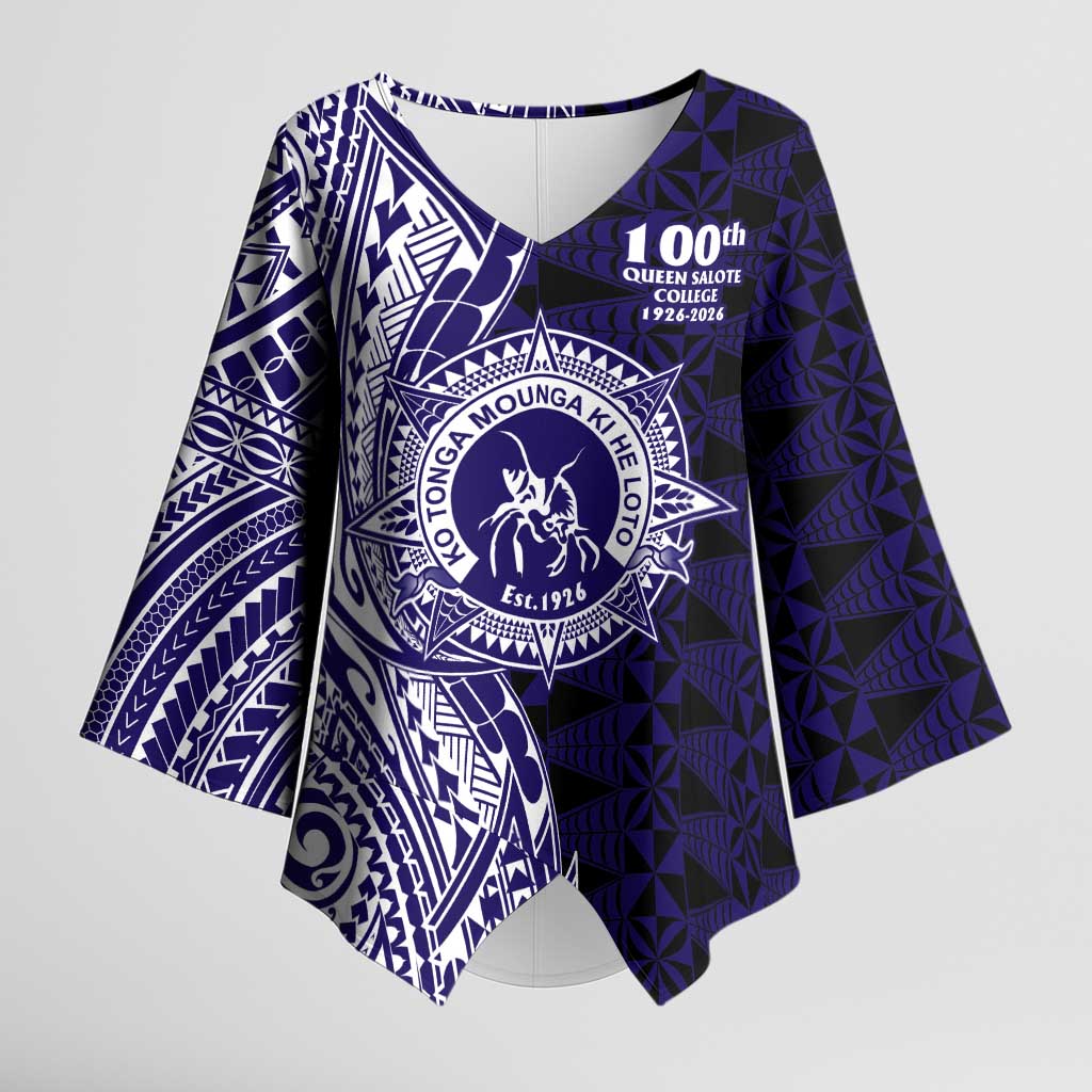 Tonga Queen Salote College 100th Years Kimono Sleeve Blouse Blue Tonga Kupesi Uniquely Pacific Art LT9 Female Blue - Polynesian Pride