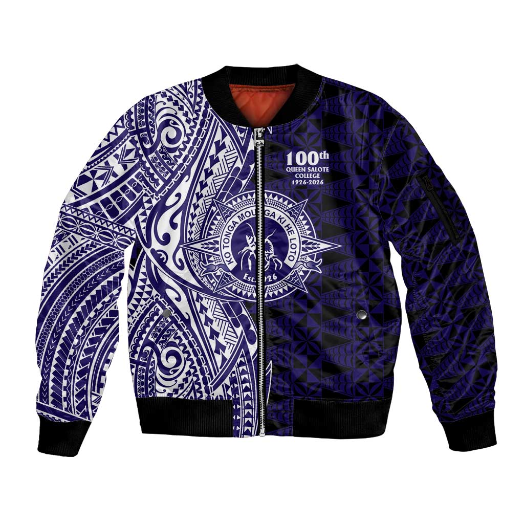 Tonga Queen Salote College 100th Years Sleeve Zip Bomber Jacket Blue Tonga Kupesi Uniquely Pacific Art LT9 Unisex Blue - Polynesian Pride