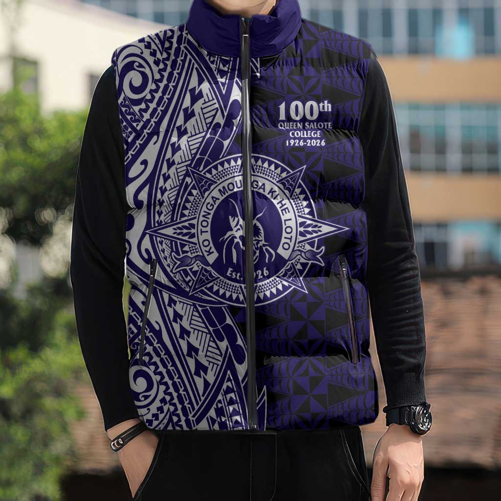 Tonga Queen Salote College 100th Years Sleeveless Puffer Jacket Blue Tonga Kupesi Uniquely Pacific Art LT9 - Polynesian Pride