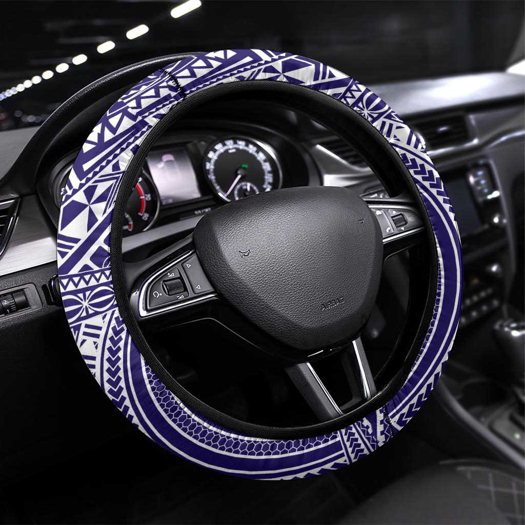 Tonga Queen Salote College 100th Years Steering Wheel Cover Blue Tonga Kupesi Uniquely Pacific Art LT9 Universal Fit Blue - Polynesian Pride