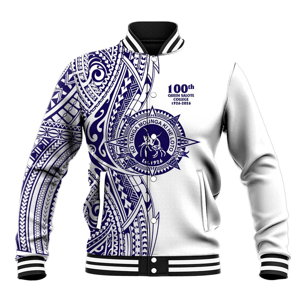 Tonga Queen Salote College 100th Years Baseball Jacket White Tonga Kupesi Uniquely Pacific Art LT9 Unisex White - Polynesian Pride
