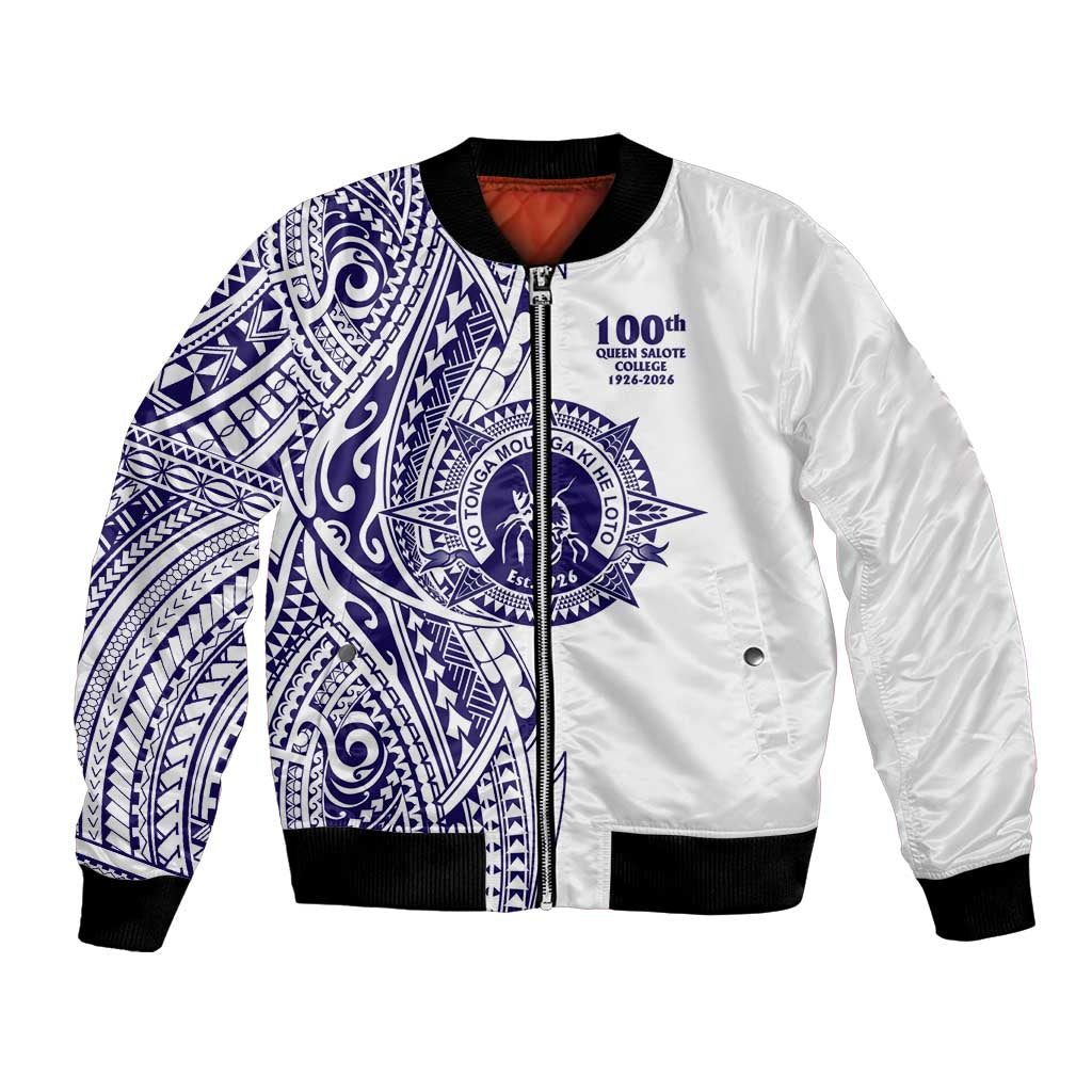 Tonga Queen Salote College 100th Years Bomber Jacket White Tonga Kupesi Uniquely Pacific Art LT9 Unisex White - Polynesian Pride