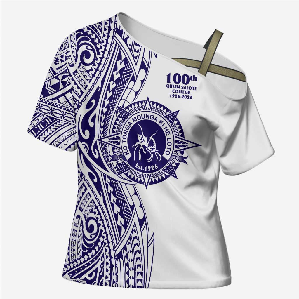 Tonga Queen Salote College 100th Years Cross Shoulder Shirt White Tonga Kupesi Uniquely Pacific Art LT9 Female White - Polynesian Pride