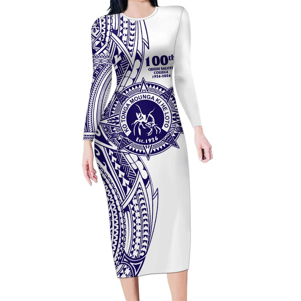 Tonga Queen Salote College 100th Years Long Sleeve Bodycon Dress White Tonga Kupesi Uniquely Pacific Art LT9 Long Dress White - Polynesian Pride
