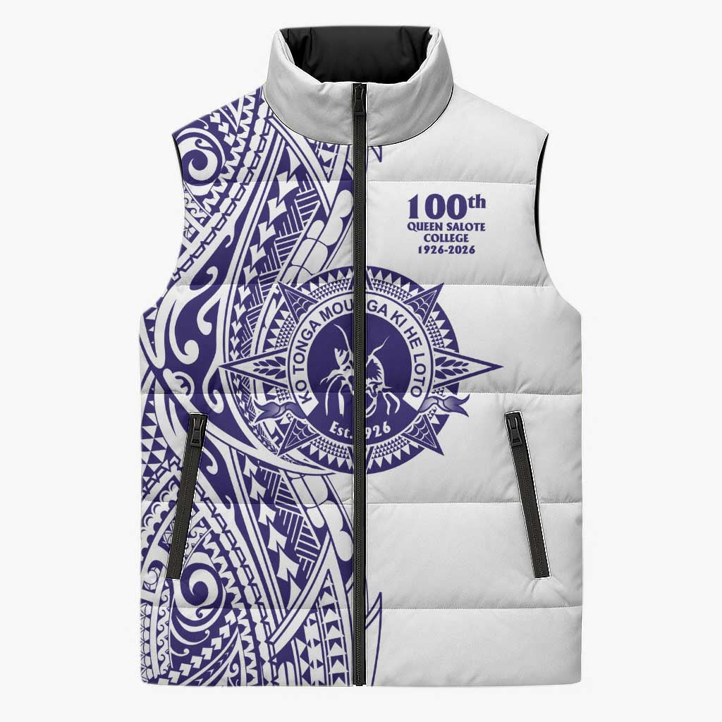 Tonga Queen Salote College 100th Years Sleeveless Puffer Jacket White Tonga Kupesi Uniquely Pacific Art LT9 Unisex White - Polynesian Pride