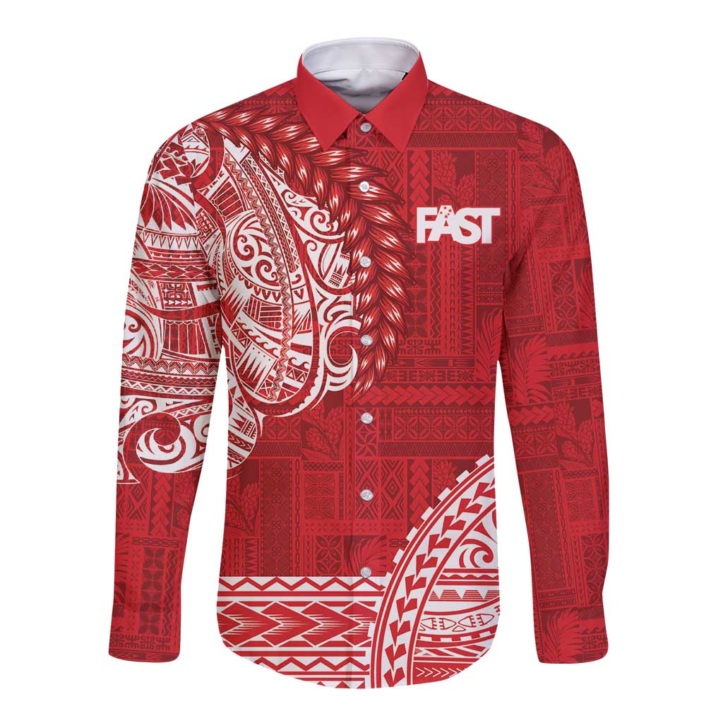 Samoa FAST Long Sleeve Button Shirt Samoan Motif Patterns LT9 Unisex Red - Polynesian Pride